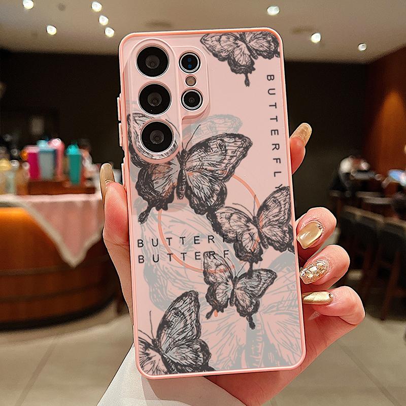 Magnetic For Magsafe Case For Samsung Galaxy S26 Ultra S25 Edge S24 Plus S23 FE S22 A54 A55 A56 5G Retro Butterfly Print Matte Cover