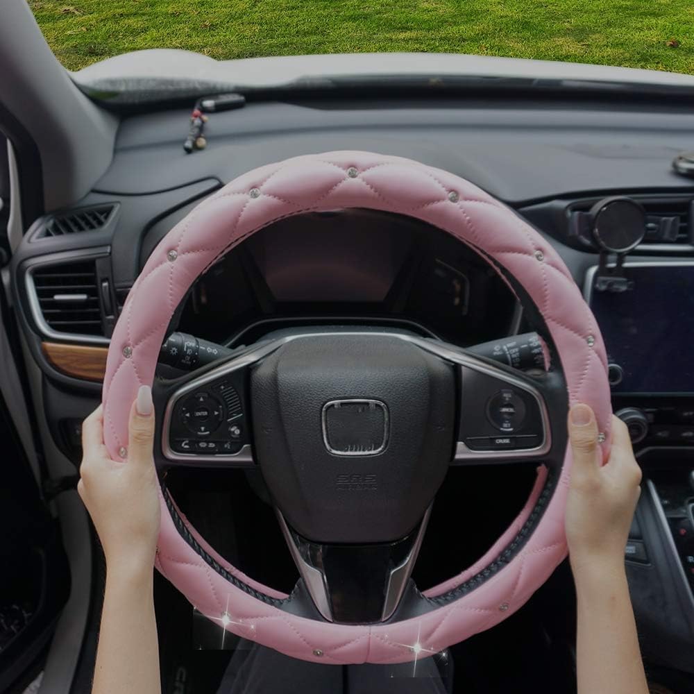 Crystal Diamond Leather Steering Wheel Cover with Bling Crystal Rhinestone Universal Fit Car Steering