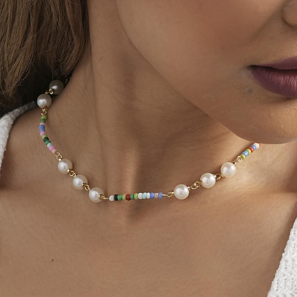 Colorful Beaded Contemporary Necklace With Faux Pearls Stunning Geometric Style Perfect For All Occasions