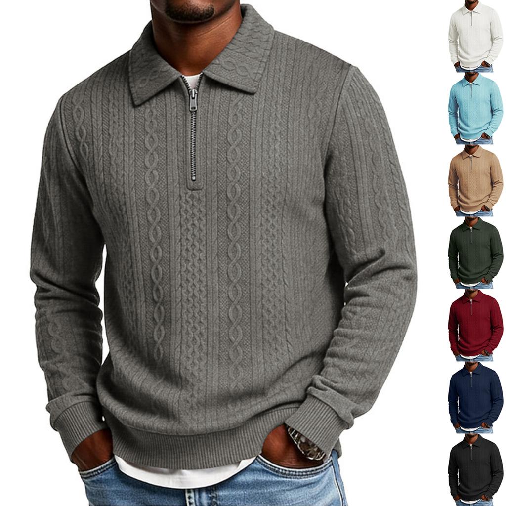 Men's Long Sleeve Jacquard Polo Shirt Half Zipper Collar Knit Sweater Pullover Casual Pullover Top
