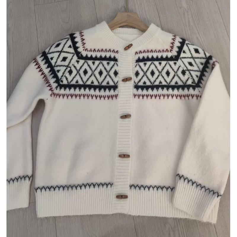 Womens Oversized Crewneck Knit Cardigan With Colorblock Geometric Acrylic Blend Loose Fit Fall Winter Sweater