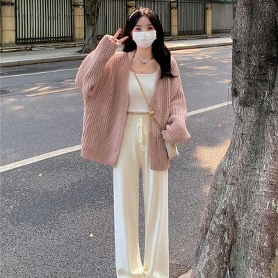 Rosa Koftrock för Damer Vår Höst Populär Outfit Lat Stil Stickad Cardigan Unik Topp Vårkläder