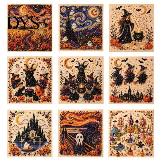 Fall Holiday Decoration Halloween Faux Pearl Art DIY Kit, 3D Bead Embroidery Craft Set, Spooky Painting Kit Ghost Goat Witch Wall Art, Seasonal