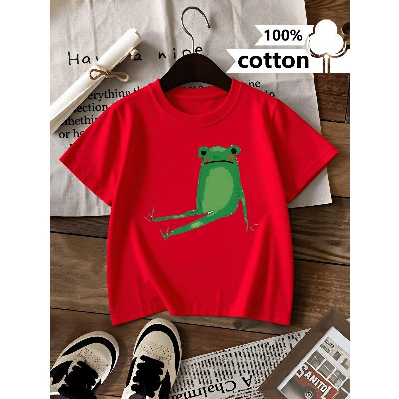 European sizes Boys T Shirt Casual Short Sleeve T-ShirtGreen Frog Sitting Pose Fun Summer Design, Regular Fit for Casual Attire, Playful Kids Fashion