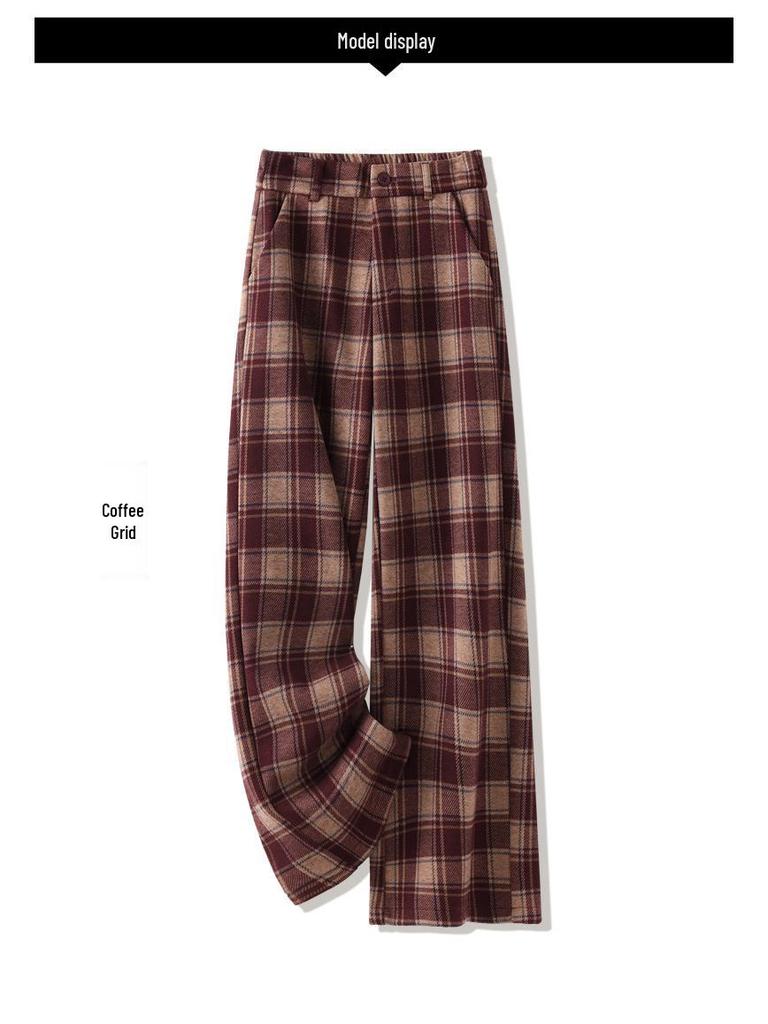 Women's Winter Plaid Wool High-Waisted Straight-Leg Cashmere Pants - Slimming, Loose, and Stylish