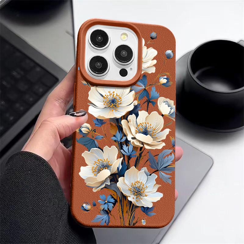 

Синий цветочный узор кожаный текстурный чехол для телефона iPhone 16 Pro 15 14 13 12 Pro Max ударопрочный матовый тонкий однотонный цветной мягкий чехол из термополиуретана с защитой от падений iPhone 13 Pro Max коричневый