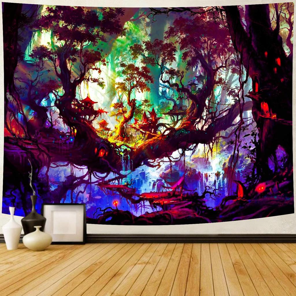 Colorful Autumn Forest Tapestry Waterfall and Orange Trees Scene Water Resistant Fabric Seasonal Nature Theme Wall Hanging