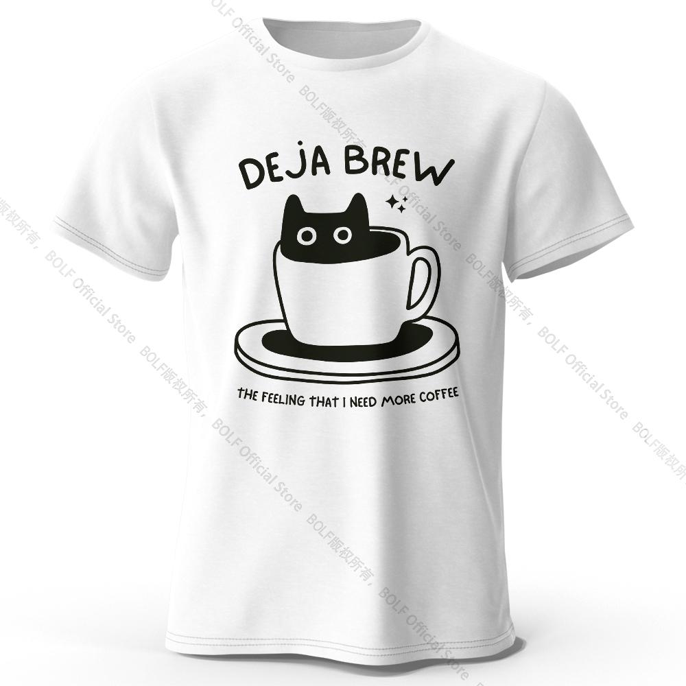 Men's Déjà Brew Printed T-Shirt 100% Cotton Oversized Coffee Pun Graphic Tees for Women Summer Tops Barista Streetwear