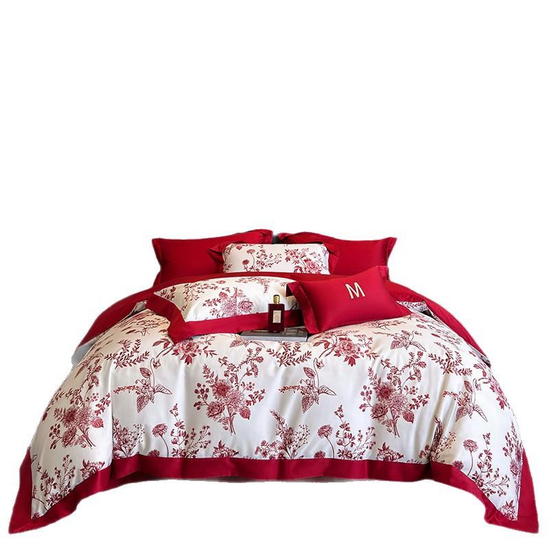 Light luxury wedding big red hollow cotton four-piece set high-count long-staple cotton wedding room happy quilt wedding bedding