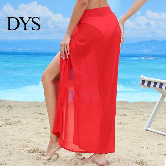 Summer Beach Skirt Women Lace-up Solid Color See-through Thin Flowy Quick-Drying Sun Protection Bikini Cover Up Elastic Waist