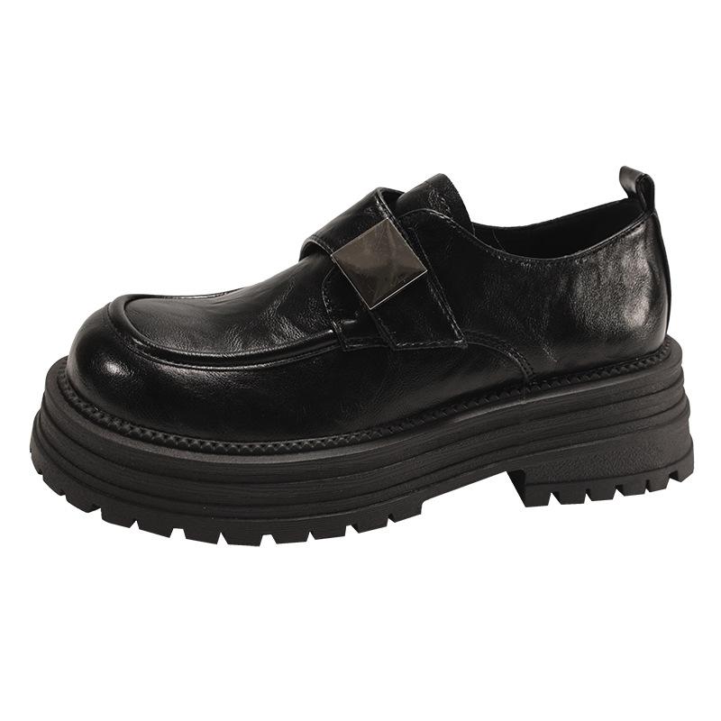 Retro svarta kardborre platå små läderskor dam 2025 nya höst och vinter mångsidiga höjdökande rund tå Mary Jane enkelskor