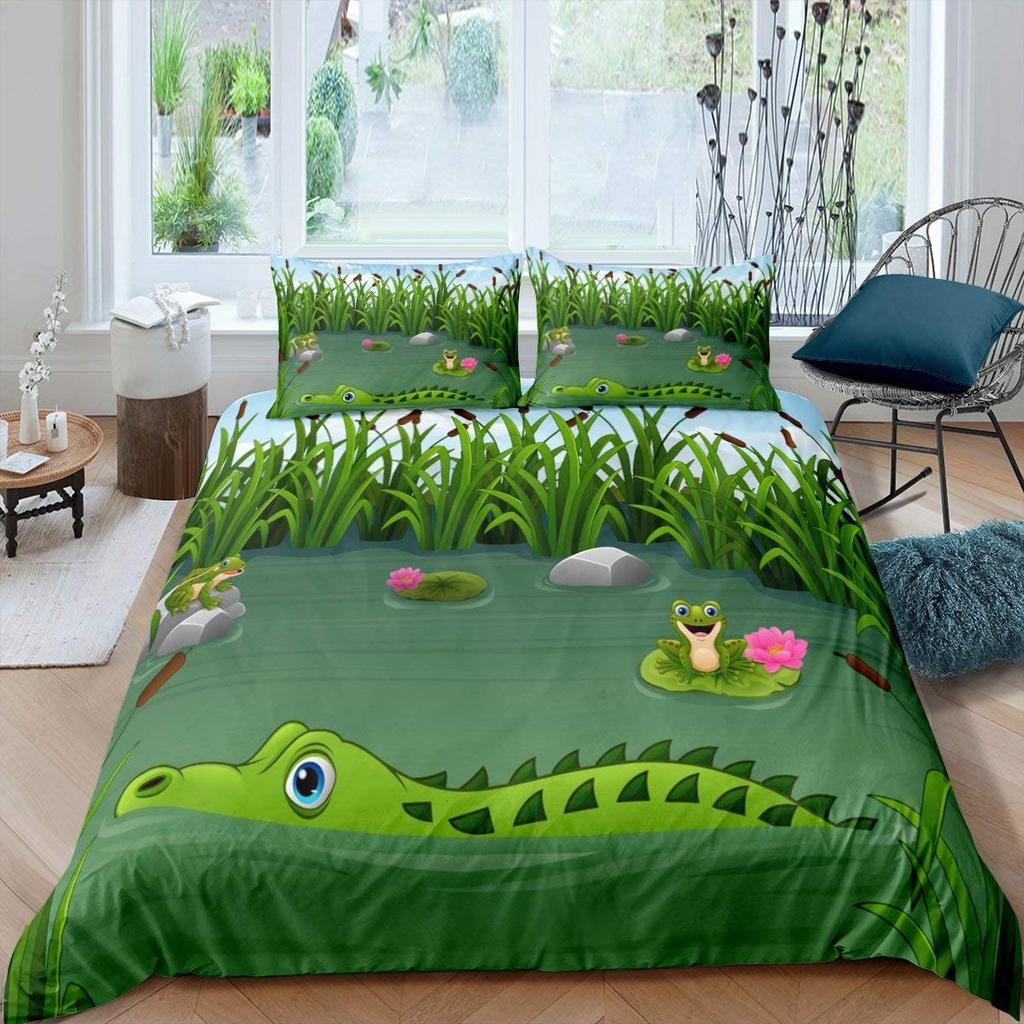 Frog Duvet Cover Set Cute Kawaii Cartoon Frog Pattern King Queen Size Polyester Comforter Cover With Pillowcase For Kids Girls