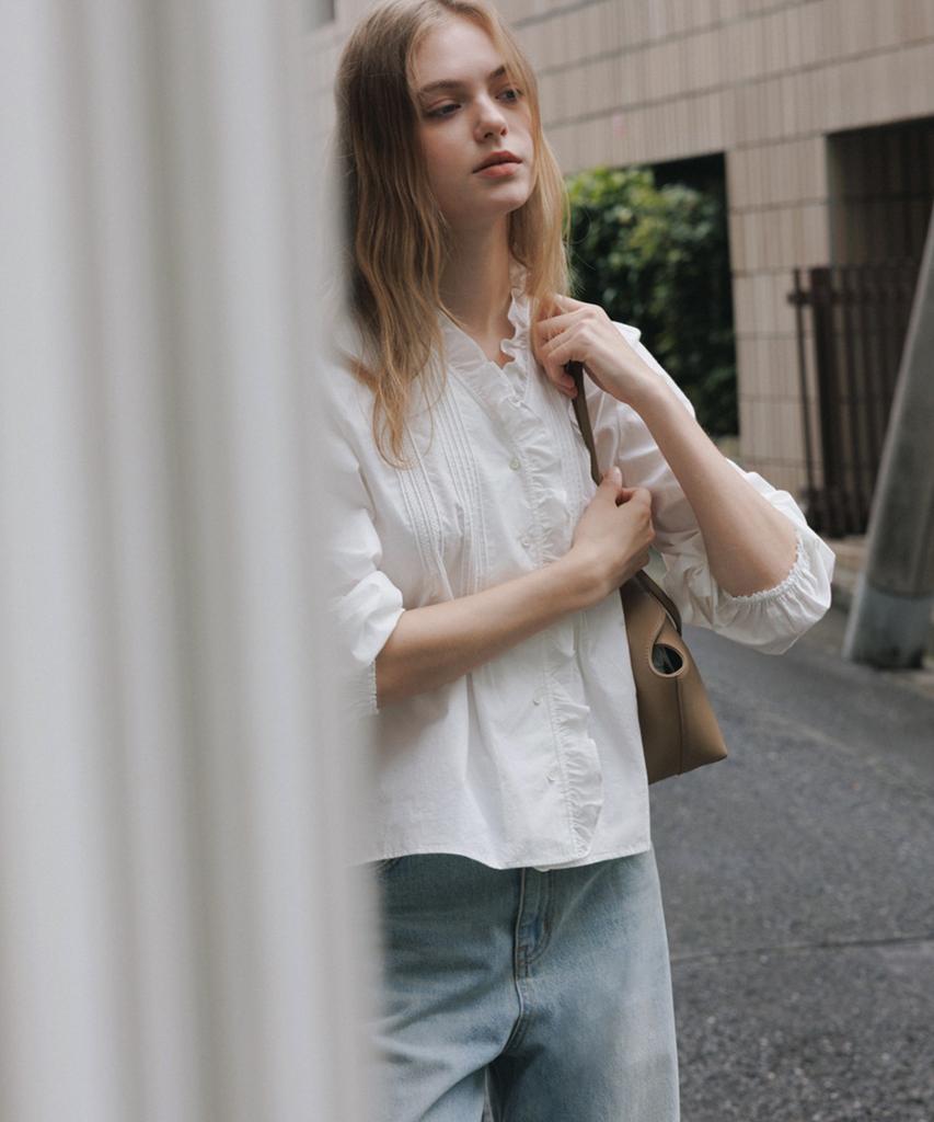 OSTKAKA Frill V-Neck Pintuck Blouse Ivory