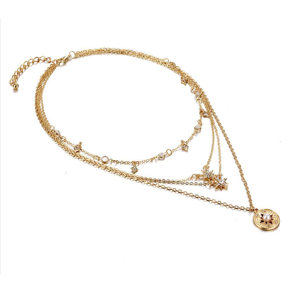 Bohemian fashion European and American trends Full of diamonds Star inlaid pearls Multi-layer necklace Collarbone chain Women