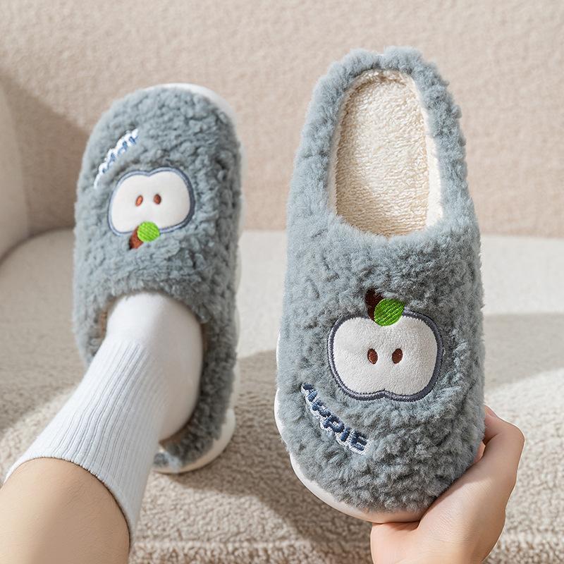 Cotton slippers apple embroidery autumn and winter thick-soled velvet warm home cotton shoes couple shoes