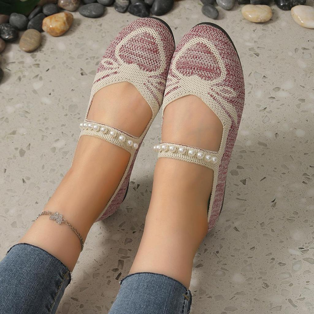 Plus Size Flyknit Beaded Color Block Women's Flats: Breathable, Shallow Mouth, Lazy Work Shoes for All Seasons