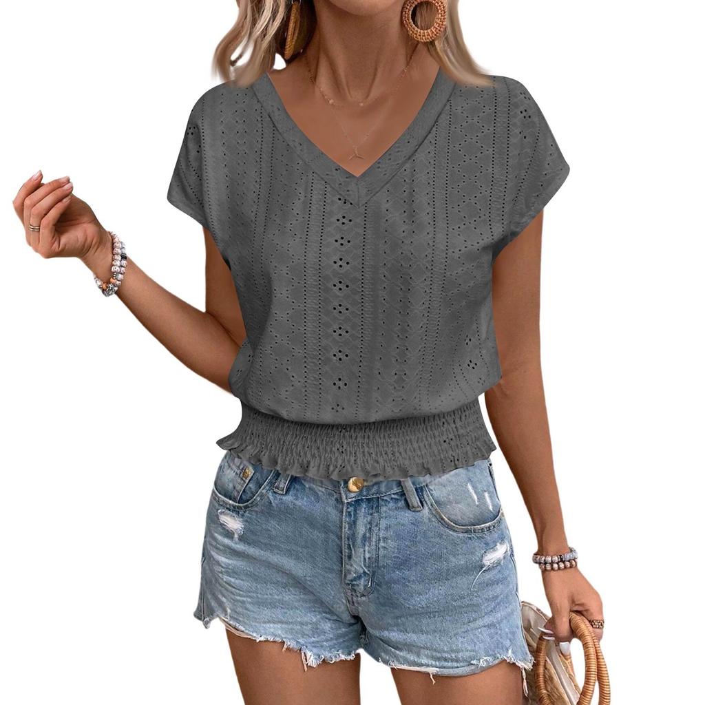 Women's Fashion V-neck Solid Color Hollow Short Sleeve Top T-shirt Summer