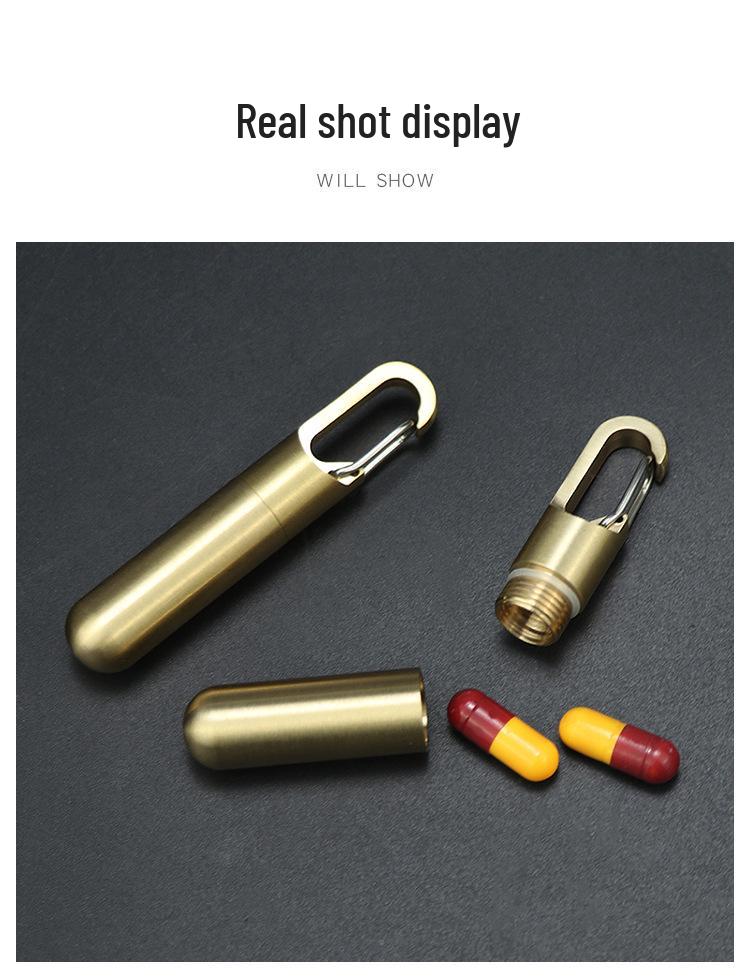 Compact Brass Pill Bottle: Waterproof, Dustproof, Moisture-Proof Storage Jar with Key Hook - Ideal for Travel or Everyday Use.