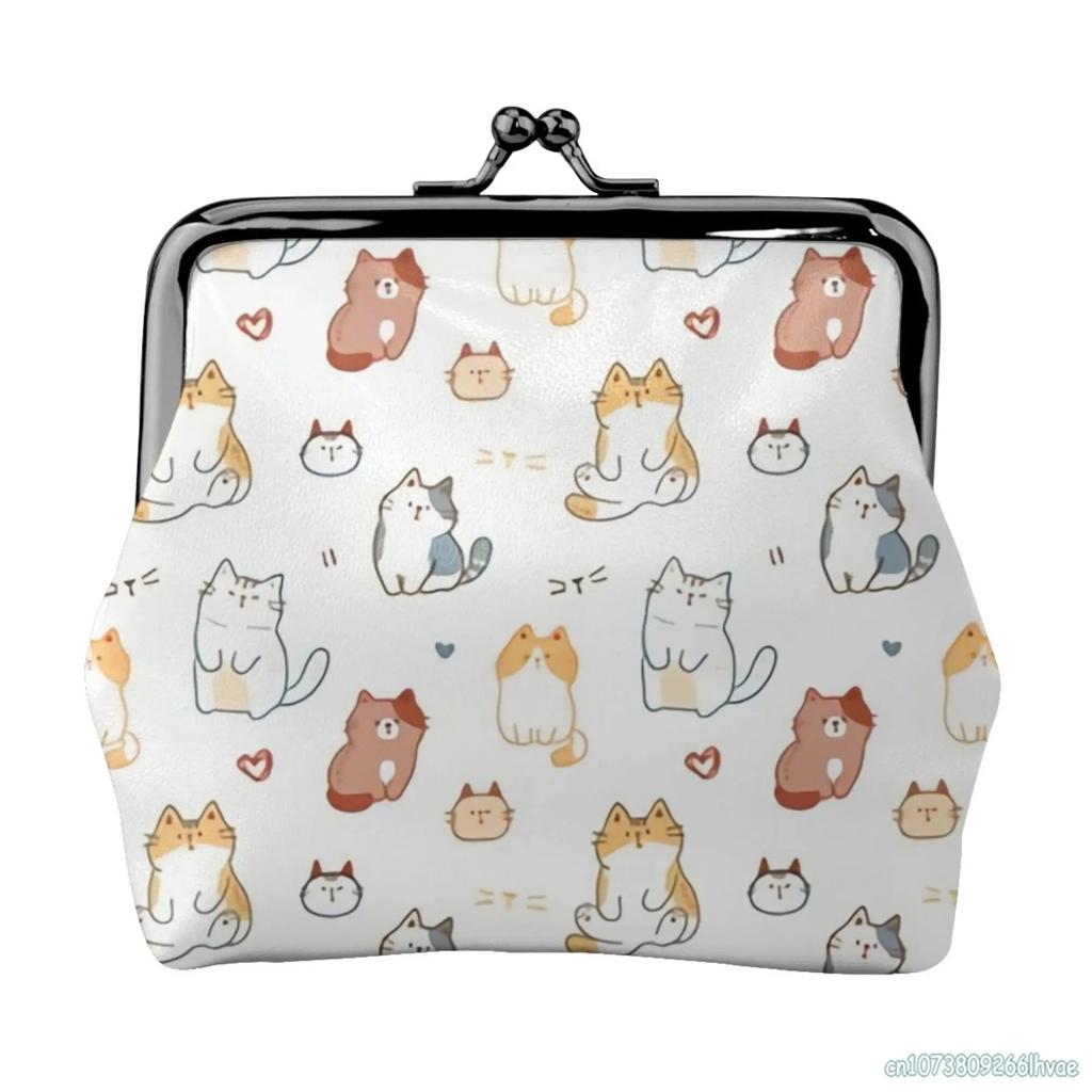 Cute Cartoon Cats Women's Leather Coin Purse Small Change Pouch with Kiss-Lock Clasp Closure Buckle Wallet for Girl Gift