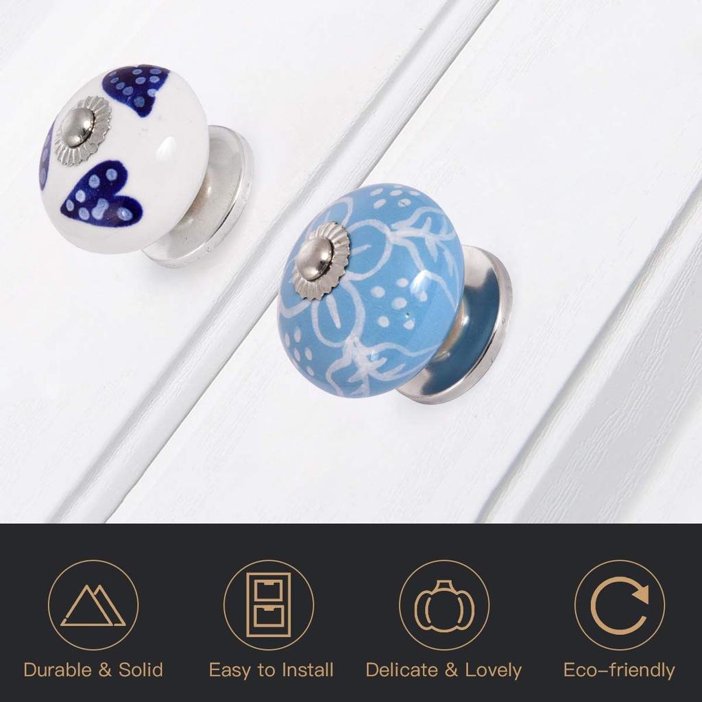 Vintage Assorted Colourful Pottery Drawer Handle Door Knobs and Pulls for Kitchen Cabinets, Wardrobe and Cupboards - Pack of 10