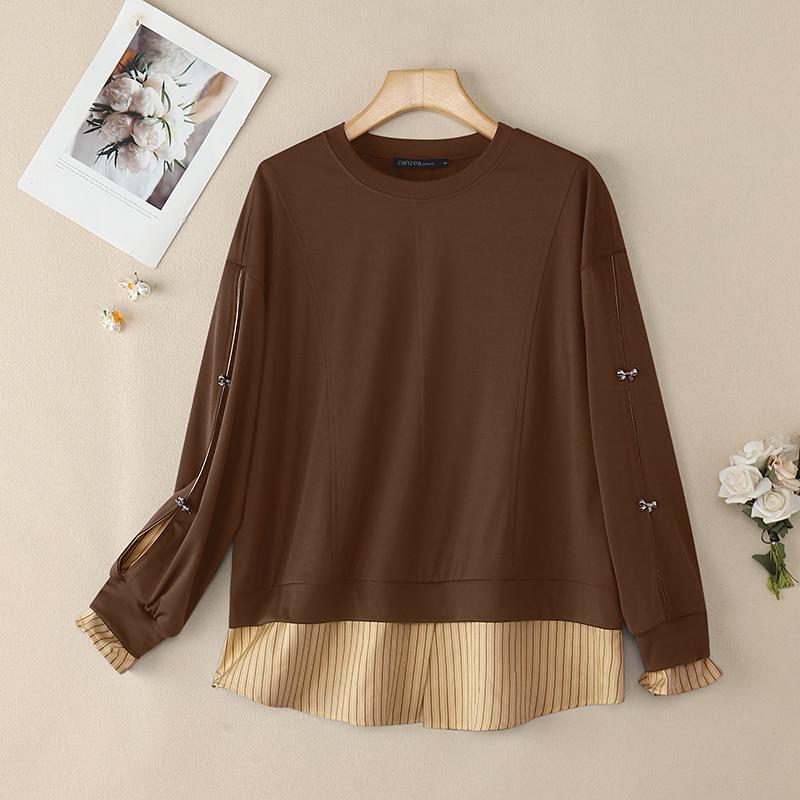 ZANZEA Women Round Neck Loose Casual Long Sleeve Pullover Tops Autumn