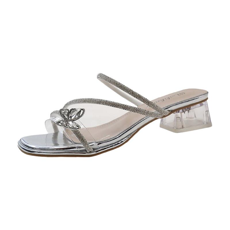 French Bow Thick Heel Slippers for Women's Summer 2026 New Fairy Feng Shui Diamond Temperament High-heeled Crystal Sandals