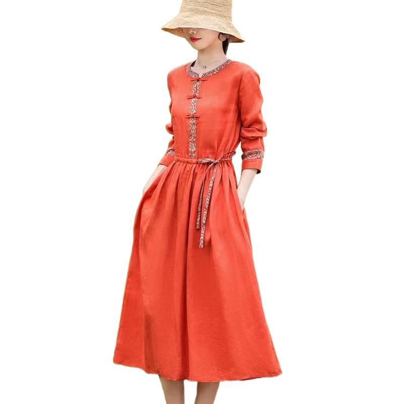 Retro Literary Cotton Linen Waist-Cinched Dress for Women - 2026 Spring/Autumn Mid-Length Long Sleeve Skirt
