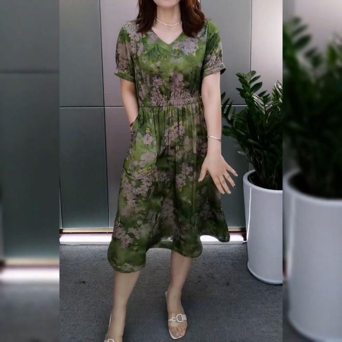 New Arrival Summer Short Sleeve Midi Dress - Waist Cinching, Tummy Concealing, Fake Two-Piece with Pockets.