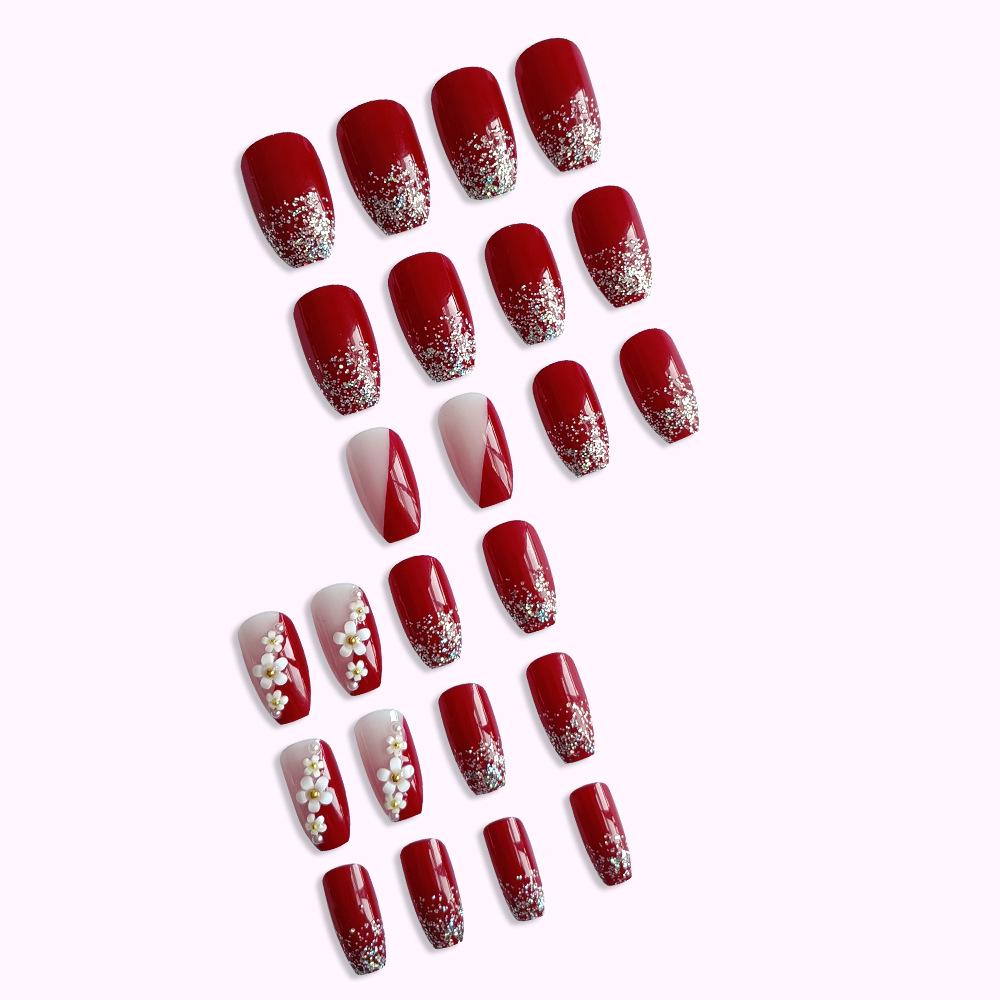 3D Camellia Wine Red Glitter Wearable Nails
