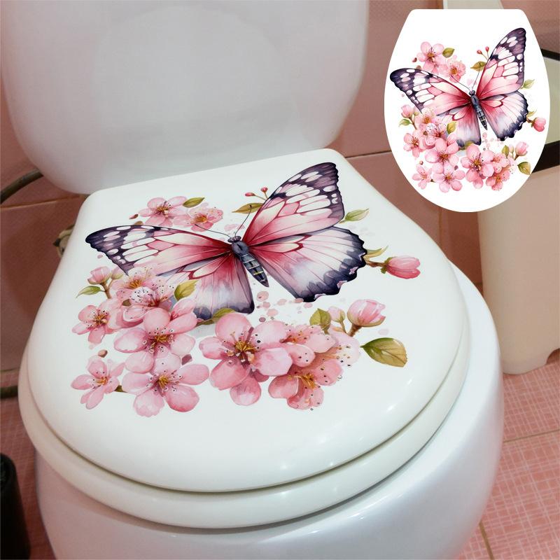 

Butterfly Peach Blossom Wall Stickers Household Toilet Cover Stickers Toilet Bathroom Home Beautification Stickers Home Decor