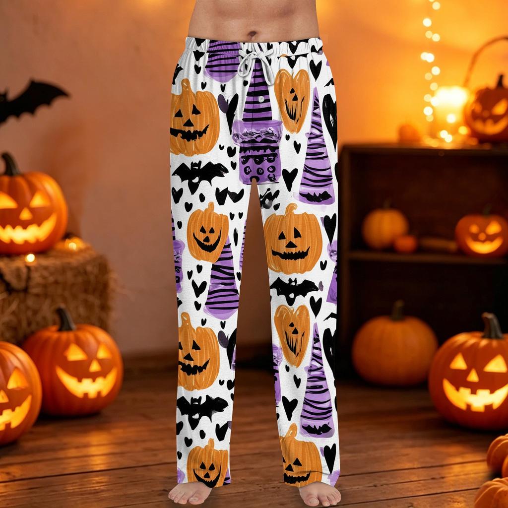 Men Drawstring Waist Halloween Print Casual Pants Relaxed Fit Long Trousers with Pumpkin and Bat Pattern for Daily Wear