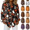 Women's Halloween Print Button Down Long Sleeve Blouse, Casual Collared Shirt Top