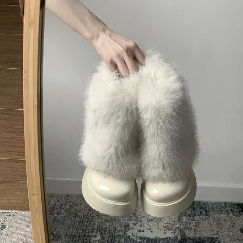 Fashion Winter Fuzzy Boots Women Furry Shoes Fluffy Fur Snow Boots Plush Lining Slip-on Rubber Flat Outdoor Bowtie Warm Ladies Footwear