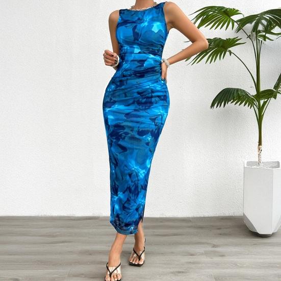 Kadın Bodycon Maksi Elbise Yazlık Kolsuz Büzgülü Yüksek Yırtmaçlı Askılı Elbise Çiçekli Fileli Plaj Tatil Parti Elbisesi