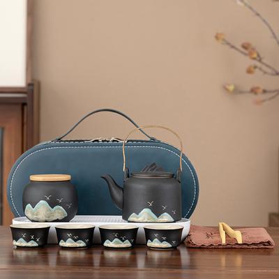 Reistheeset Outdoor kamperen Draagbare theeset Zwart aardewerk Kuaike-kop Eén pot Vier kopjes Opbergtas Zakelijke geschenken