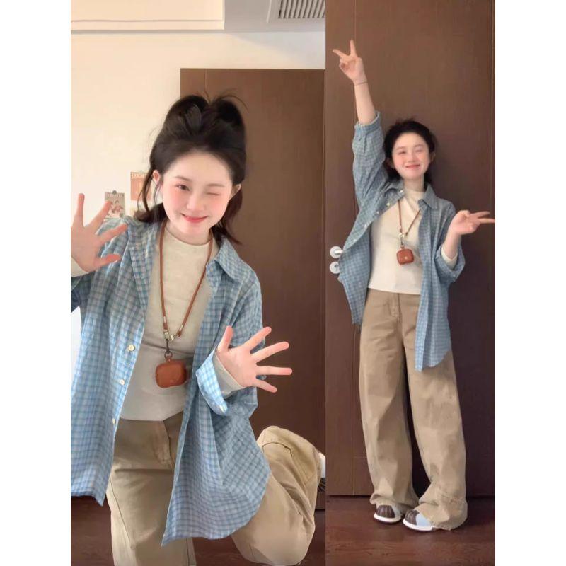 

Blue Plaid Sun Protection Shirts Outerwear Women s Spring Summer Korean Series Lazy Loose Versitile Fashion Western Style Shirt Top