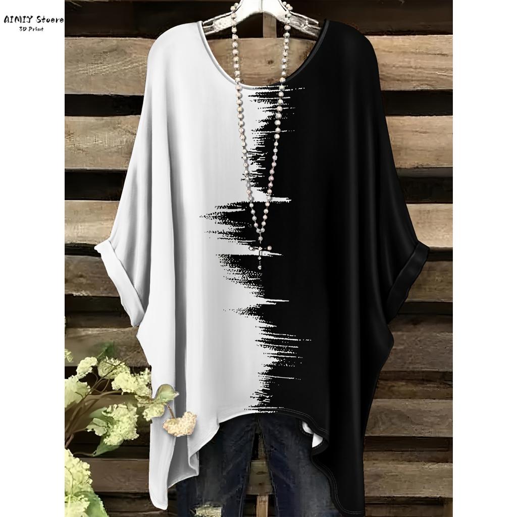 BohemianTunic Top for Women | Elegant Black & White Floral Design Round Nec Flowy Hem Perfect for Casual or Vacation Style