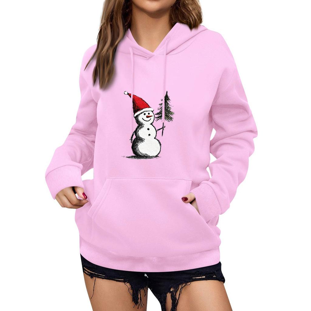 Women's Winter Christmas Printed Pullover Hooded Sweatshirt Fleece Long Sleeve Sweatshirt