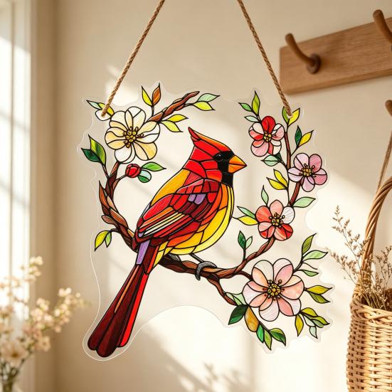 Durable Wall Hanging 1/2Pcs Acrylic Red Bird Decoration, Standing on Flower Ornament Branch Ornament, Indoor Outdoor Window