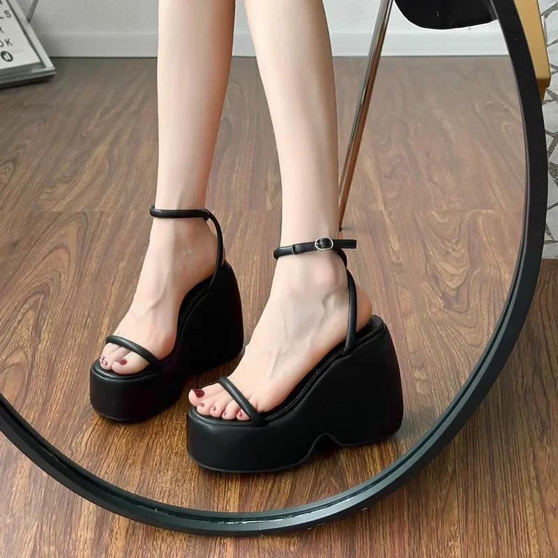 Low Sandals Woman Leather Buckle Strap 2024 Summer With Heel Suit Female Beige Increasing Height Espadrilles Platform Wome