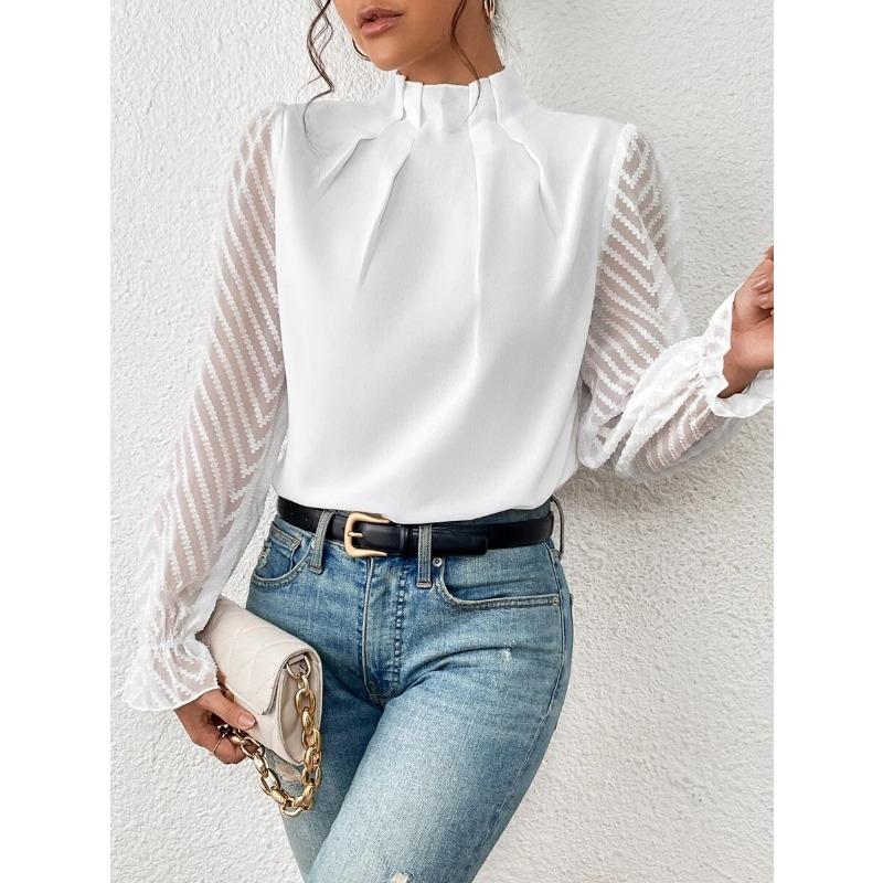 Half High Collar Long Sleeve Wavy Splicing Blouse Elegant Women Spirng Autumn Shirt Ladies Solid Color Loose Tops Sweet Simple Office Pleated Clothing