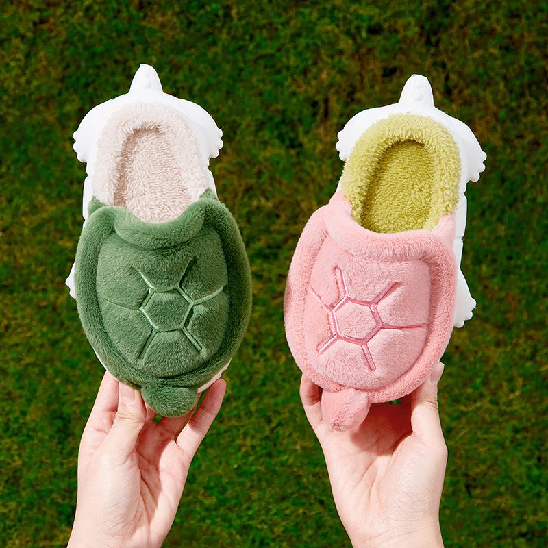 Creative Cute Turtle Cotton Slippers for Kids - Warm, Plush, Thick-Soled Winter Indoor Shoes