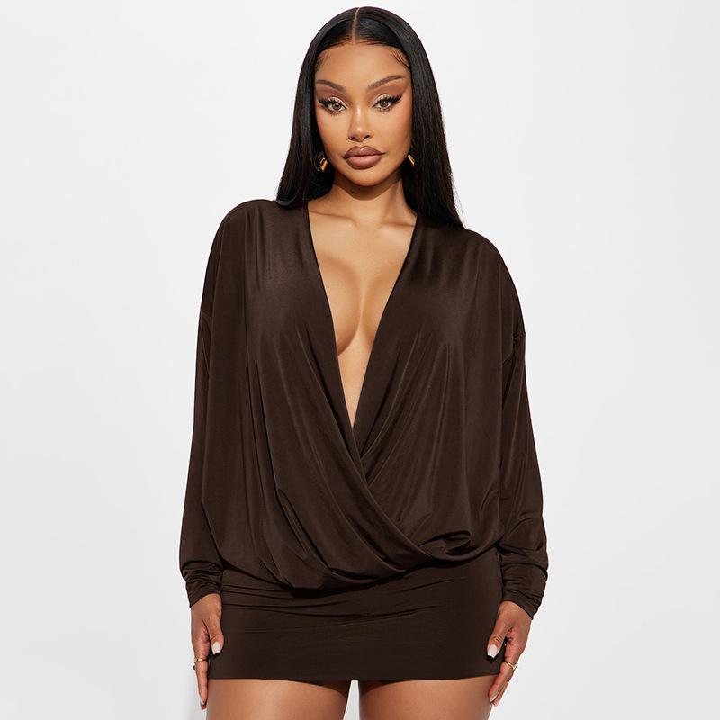 

European and American women s clothing autumn street sexy babes deep V bat sleeve fashion solid color dress S коричневый