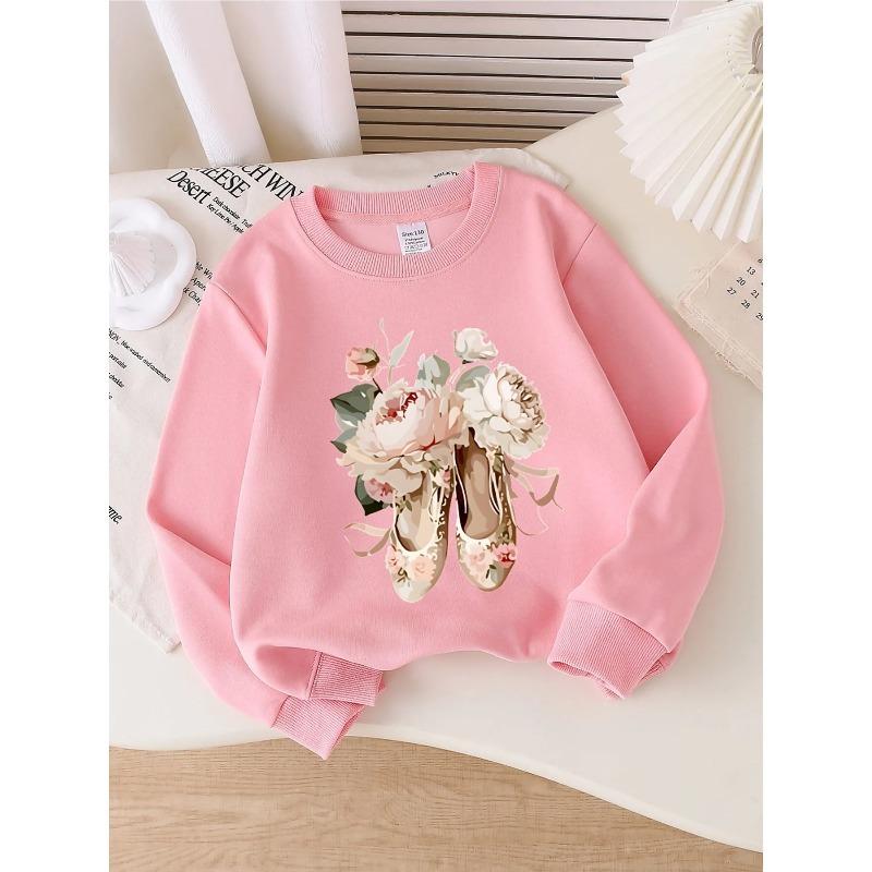 European Sizes Kids' Crewneck Sweatshirt - Floral Embroidered Ballet Shoes Pattern , Sportswear And Casual Wear, Soft And Comfortable