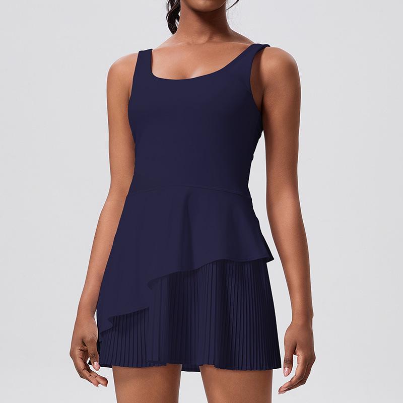 

Женский утягивающий спортивный комбинезон и теннисная юбка с нагрудными вкладышами - эластичная модель с эффектом лифтинга ягодиц для активного отдыха на открытом воздухе. Large темно-синий