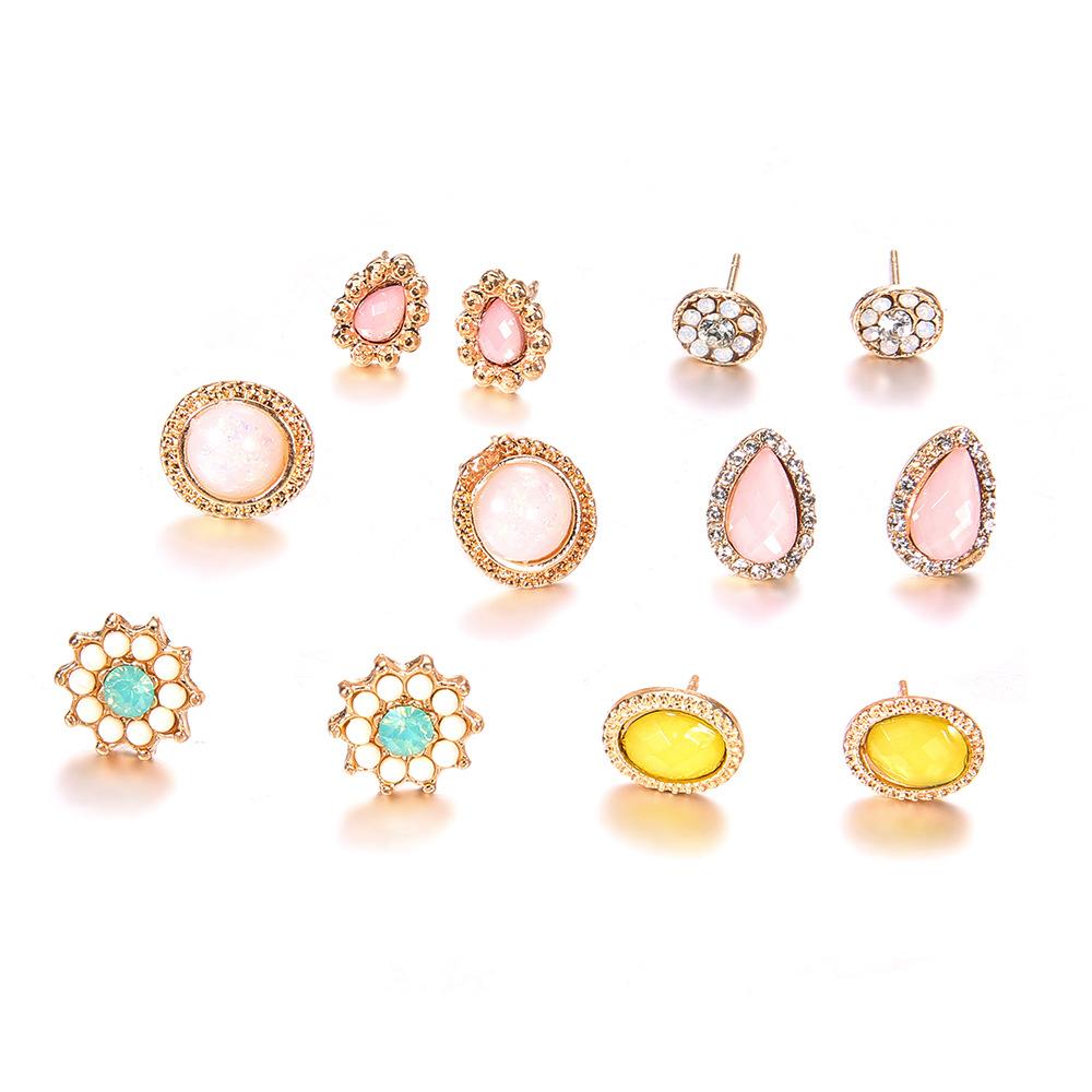 Multi-Element Water Drop Rhinestone Flower Stud Earrings Opal Earrings Multi-Piece Set