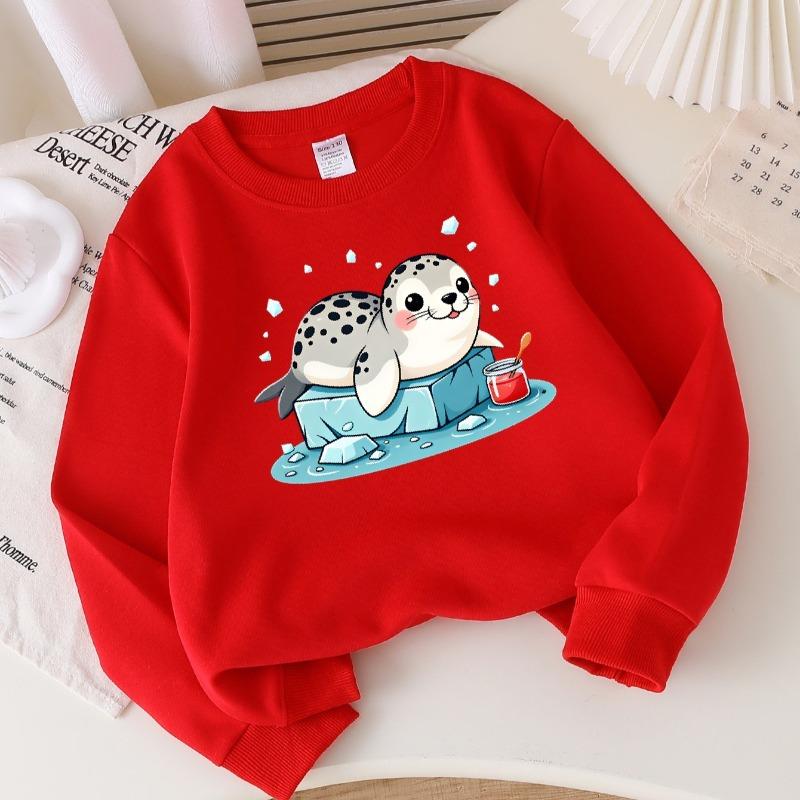 kids' Soft Crewneck Sweatshirt Cute Seal on Ice Block with Jam Jar And Cute Creative Print, Casual All-Match for Fall Winter, Ideal Holiday Present