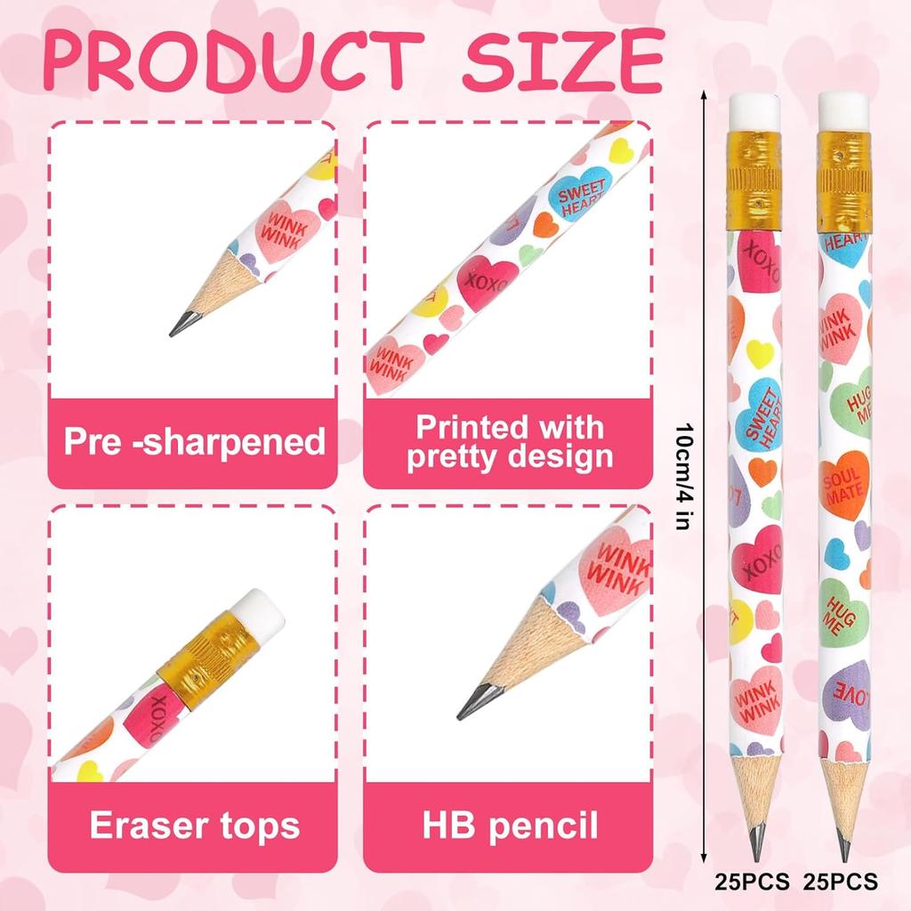 50Pcs Valentine's Day Short Pencil with Erasers 4 Inch Conversation Heart Writing Pencils 2 Styles Colorful Wood Half Pencils for Holiday School