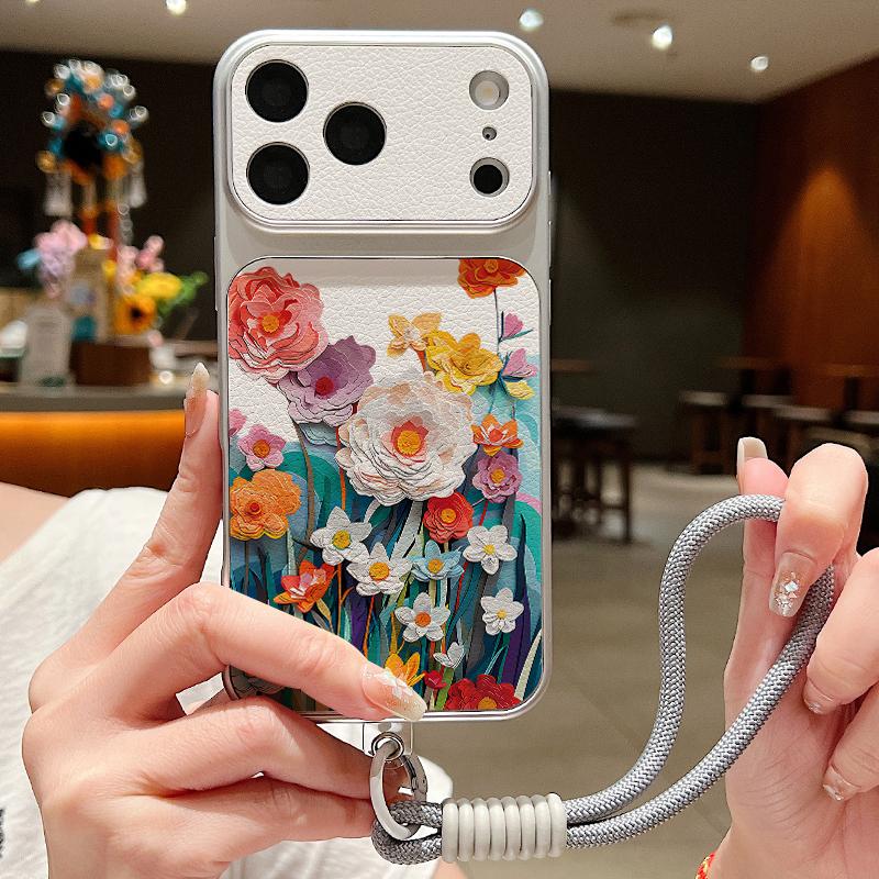Colorful Flowers Print Leather Lanyard Case For iPhone 18 Pro Max Hybrid TPU+PU Anti-skid Soft Cover For iPhone 17 16 15 14 13 Pro Max