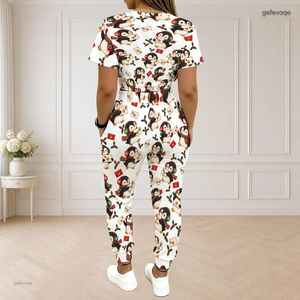 Women Plus Size Round Neck Short Sleeve Printed Crop Top Drawstring Pants Two Piece Set With Pockets